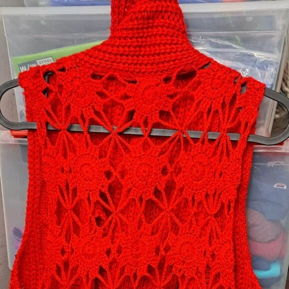 Red Knitted Cardigan Vest Sweater with Crochet Detail - Picture 9 of 9